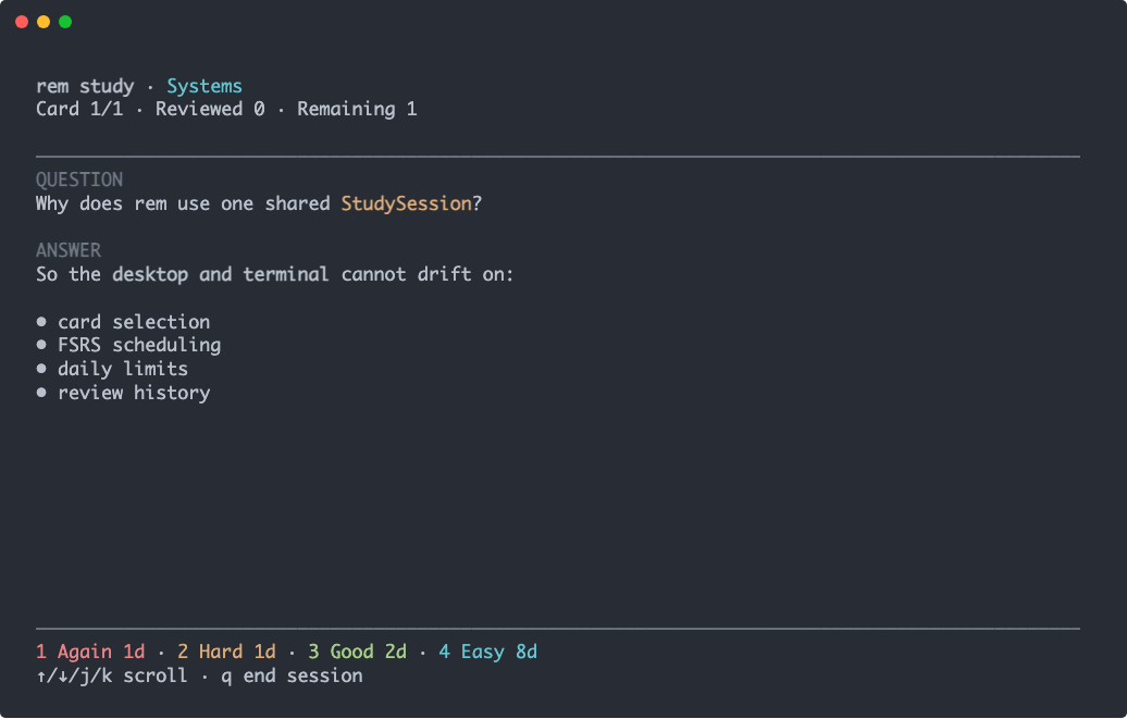 A Markdown card being reviewed with rem study in the terminal